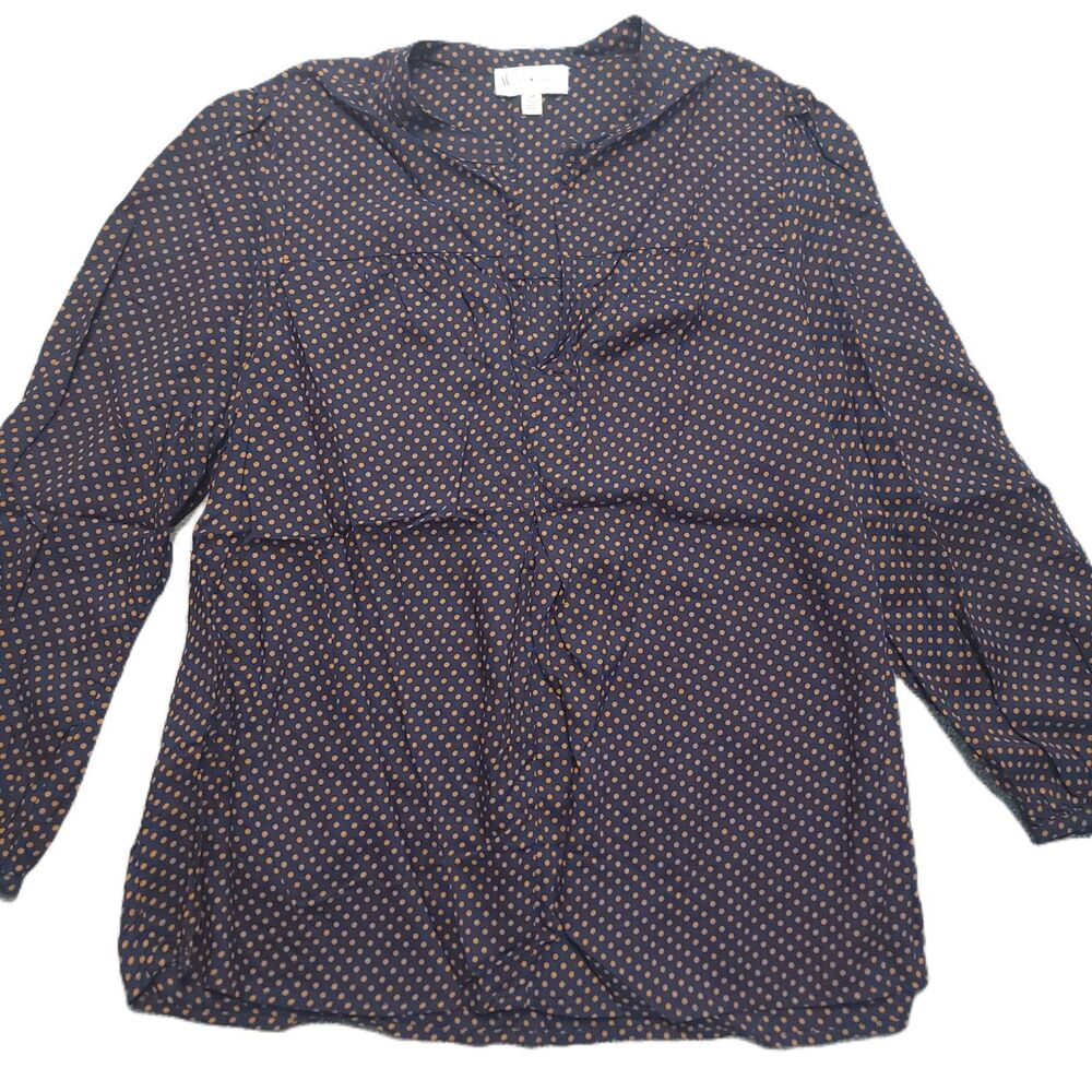 Lucky Brand Womens M Blouse Split V Neck Long Sleeve Navy Orange Polka Dot Top